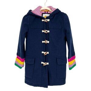 Boden Blue Toggle Hooded Wool Duffel Coat Rainbow Coat Size 11-12Y Stripe Lining